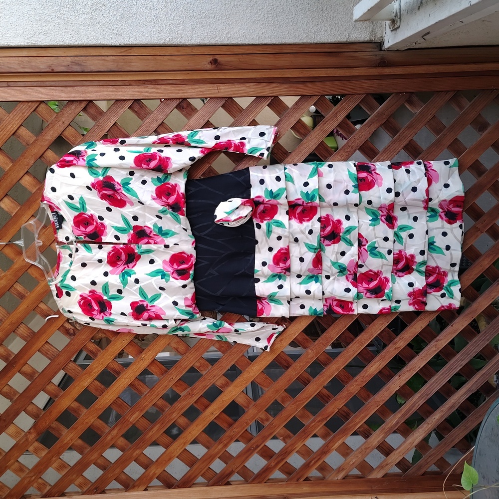 Vintage Stylized Pink Roses on Black Polka Dot on Ivory Silk Blouson Dress Sz 10